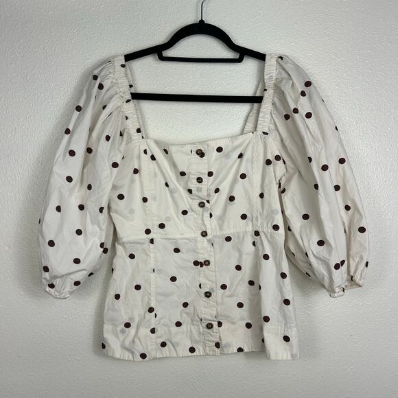 Ganni Polka Dot Printed Cotton Poplin Square Neck Top White Brown Sz 6 - Picture 4 of 9